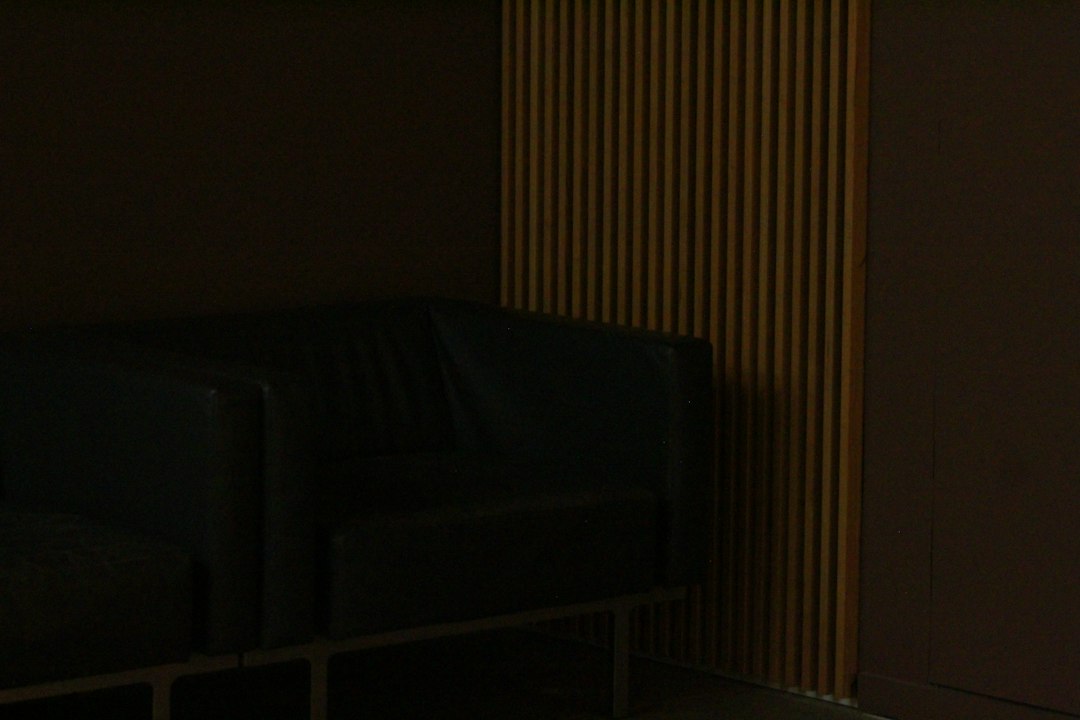 A dark leather armchair beside a wall with vertical wooden slats